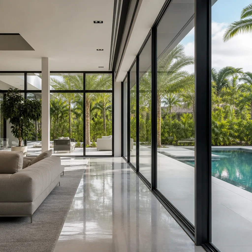 Modern living room with floor-to-ceiling custom geometric window installation in Miami Beach, FL