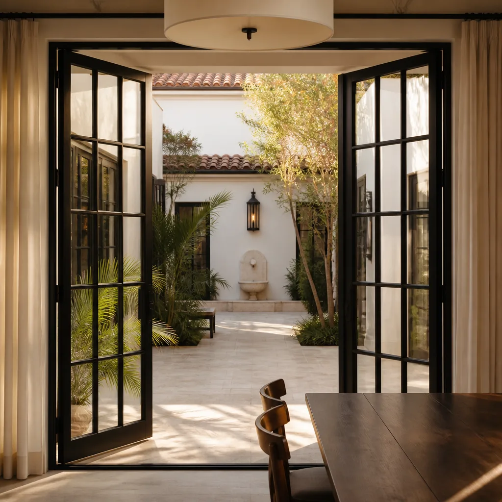 Black framed French door installation opening to a sunlit courtyard in Surfside, FL