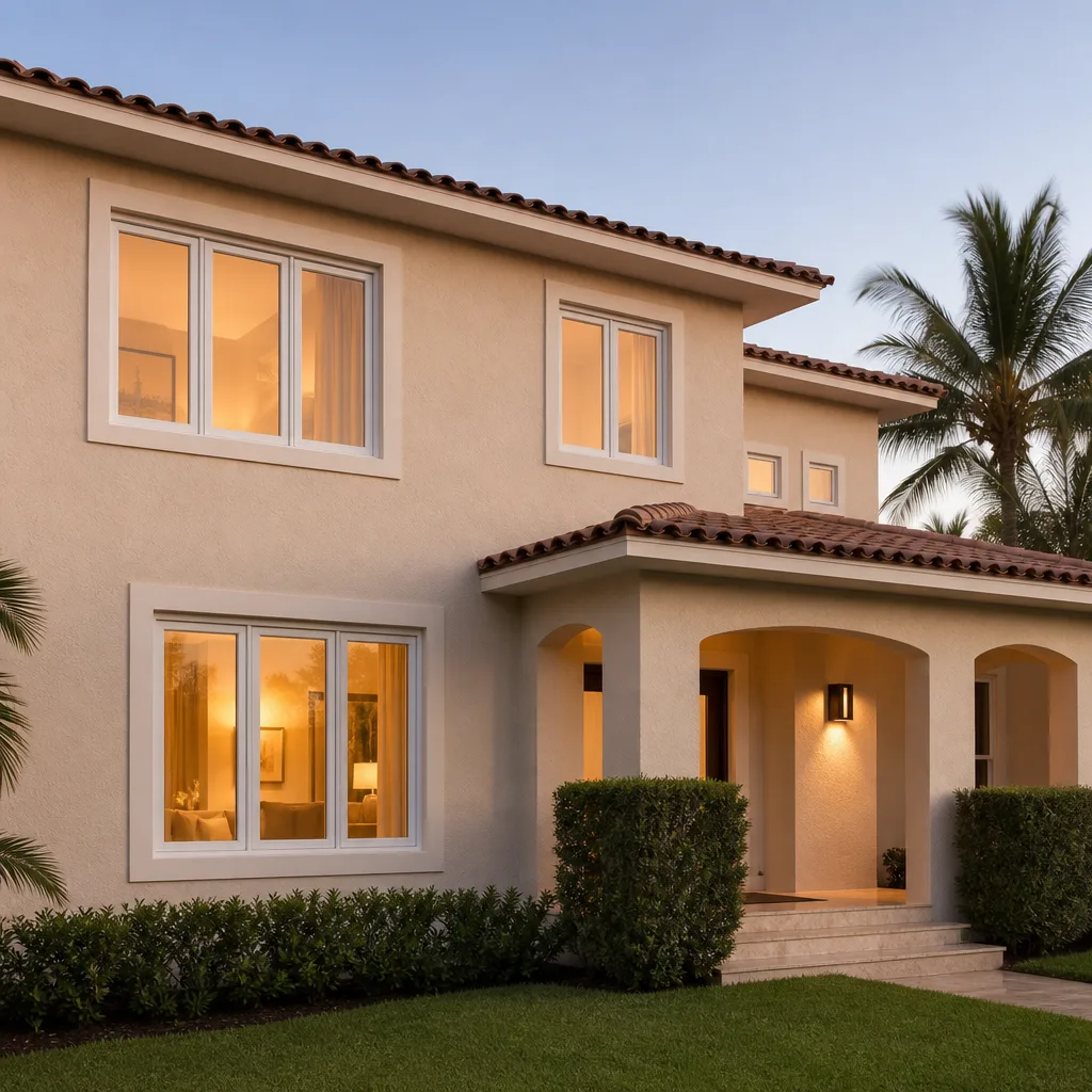Modern Mediterranean home exterior with high-quality energy-efficient windows at dusk in Key Biscayne, FL