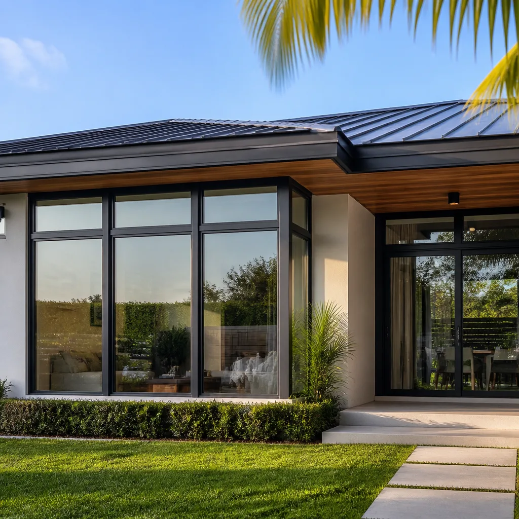 Modern home exterior with large dark-framed windows and sliding glass doors in Surfside, FL