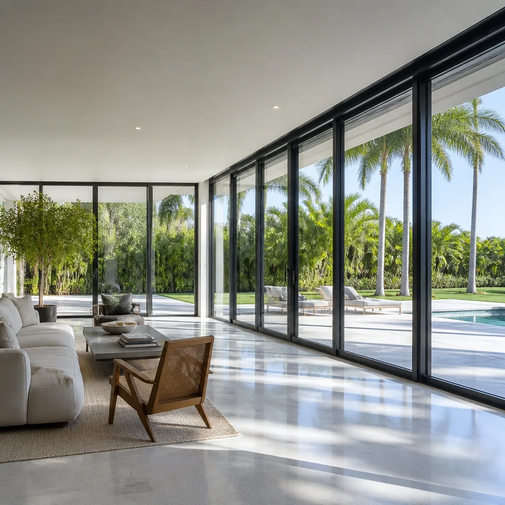 Modern floor-to-ceiling sliding glass patio doors in a luxury living room in Miami, FL